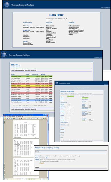 Example screens and reports from new contract workers database...